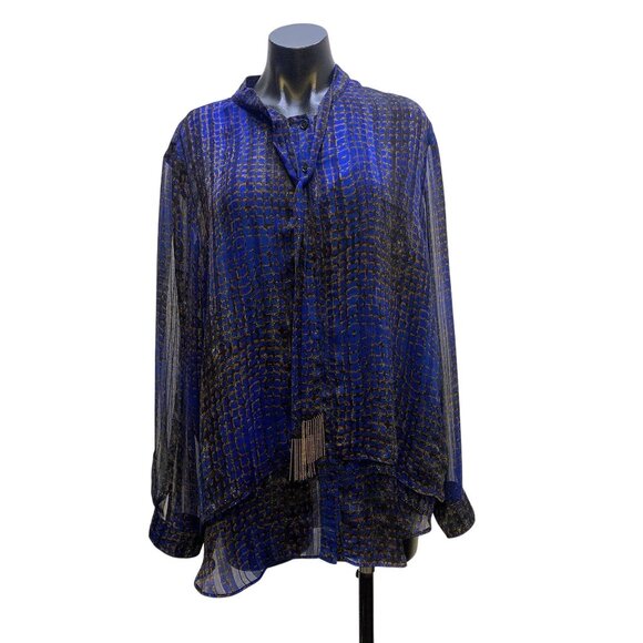 NWT Joseph Ribkoff Sheer Blue & Black Blouse w/Gold Fringe Detail Size 18 - Picture 1 of 8